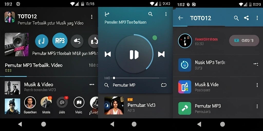 Antarmuka pengguna aplikasi Pemutar MP3 TOTO12 yang menarik dan mudah digunakan.